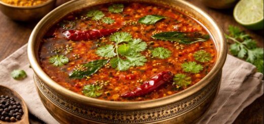 Rasam Recipe Tomato Puree served in bowl with coriander