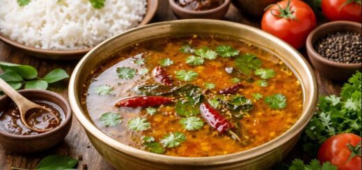 Rasam Recipe Without Onion served hot with rice and coriander