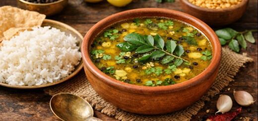 Rasam Recipe Without Tomato served in bowl with rice and spices