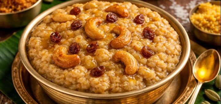 Sakkarai Pongal Brahmin Recipe with jaggery served in brass bowl.