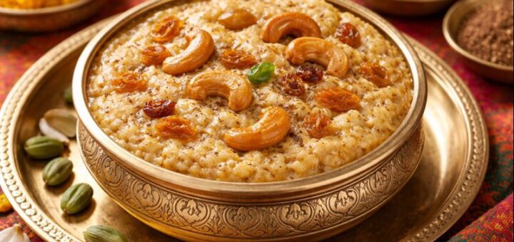 Sakkarai Pongal Recipe Without moong dal served with nuts and spices.