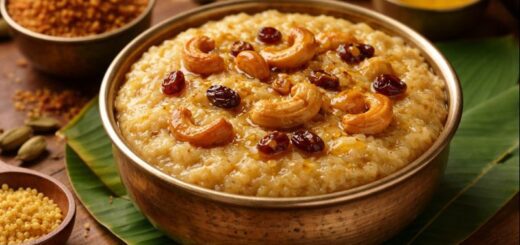 Sakkarai Pongal Nattu Sakkarai sweet rice pudding with nuts and cardamom.