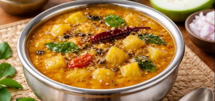 Sambar Recipe Lauki Home with bowl of lauki sambar