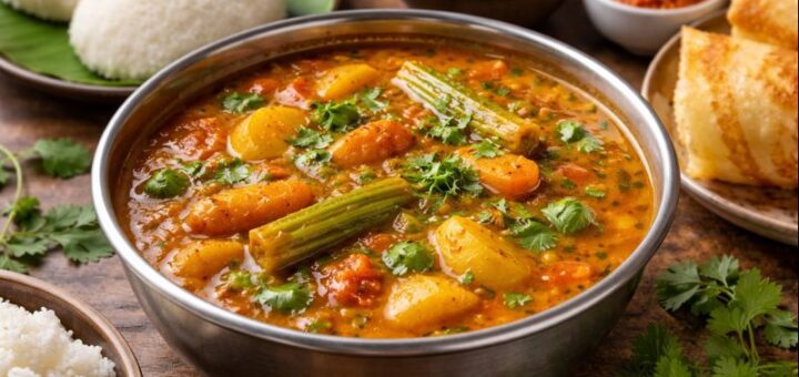 Sambar Recipe Without Dal served with idli and rice