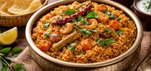 Sambar Sadam Recipe Hotel style served with papad and fresh garnish