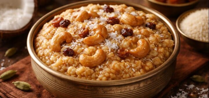 Sweet Pongal Recipe Coconut with grated coconut and nuts