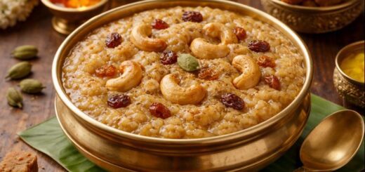 Sweet Pongal Recipe Jaggery with milk in bowl with nuts