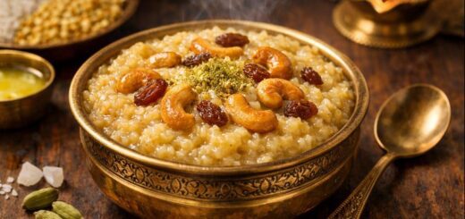 Sweet Pongal Recipe Sugar with fried nuts and cardamom