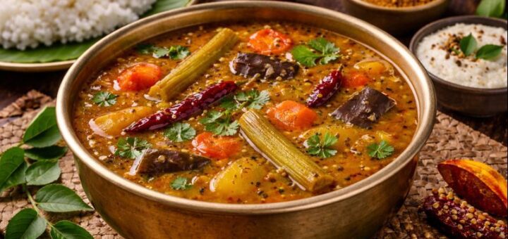 "We Rasam Powder Sambar with vegetables and spices"