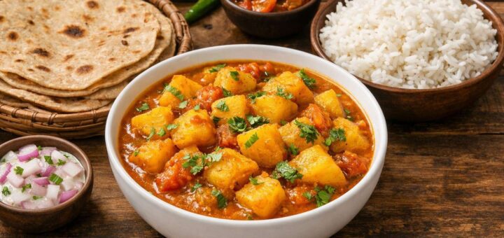 Aloo Kurma Recipe Without coconut served with chapati and rice