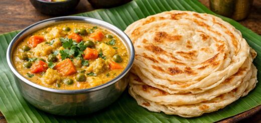 Kurma Recipe Parotta Instant served with vegetable kurma and flaky parotta