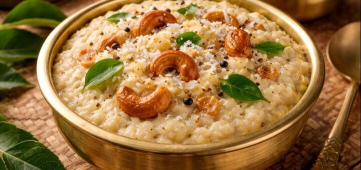 Pongal Recipe Coconut Hotel style cooked and served with garnish