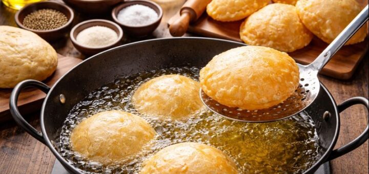 Poori Recipe Semolina Cooking process with puffed semolina pooris