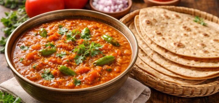Tomato Kurma Chapathi Cooking with chapathis and garnish