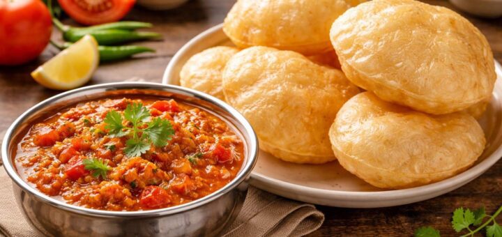 Tomato Kurma Poori Cooking rich red kurma with puffed pooris
