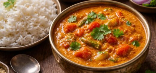 Tomato Kurma Rice Cooking served with rice and fresh herbs