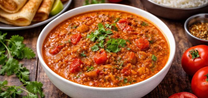 Tomato Kurma Without Coconut served with dosa and rice