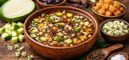 Ugadi Pachadi Ingredients List with traditional pachadi bowl