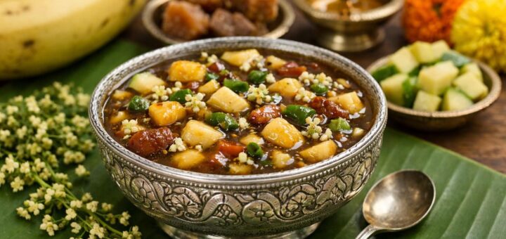 Ugadi Pachadi Banana Traditional served in silver bowl