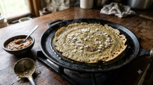 Andhra pesarattu recipe crepe cooking on a cast iron tawa with chopped onion and cumin sprinkled on top