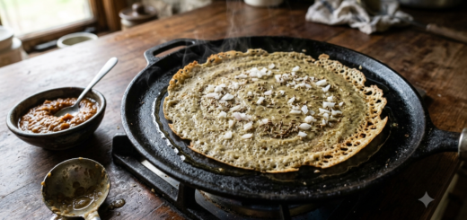 Andhra pesarattu recipe crepe cooking on a cast iron tawa with chopped onion and cumin sprinkled on top