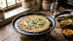 Andhra pesarattu recipe with green moong dosa cooking on a cast-iron tawa with onion and cumin