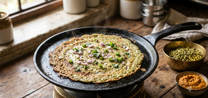 Andhra pesarattu recipe with green moong dosa cooking on a cast-iron tawa with onion and cumin
