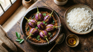 Andhra stuffed brinjal curry with whole gutti vankaya in thick peanut-sesame gravy beside steamed rice