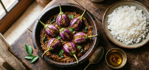 Andhra stuffed brinjal curry with whole gutti vankaya in thick peanut-sesame gravy beside steamed rice