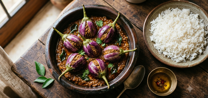 Andhra stuffed brinjal curry with whole gutti vankaya in thick peanut-sesame gravy beside steamed rice
