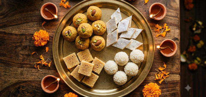 Diwali sweets recipes platter with besan ladoo, kaju katli and Mysore pak on a brass thali