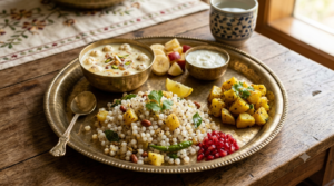 Ekadashi fasting recipes thali with sabudana khichdi, potato, makhana kheer and fresh fruit