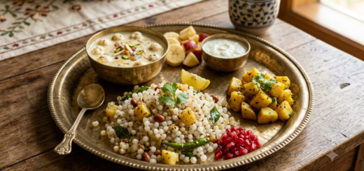 Ekadashi fasting recipes thali with sabudana khichdi, potato, makhana kheer and fresh fruit