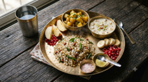 Ekadashi fasting recipes thali with sabudana khichdi, potato, makhana kheer and fresh fruit