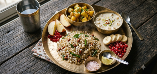 Ekadashi fasting recipes thali with sabudana khichdi, potato, makhana kheer and fresh fruit