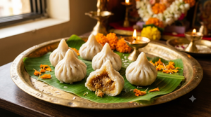 Ganesh Chaturthi modak steamed and pleated, served on a banana leaf with marigolds
