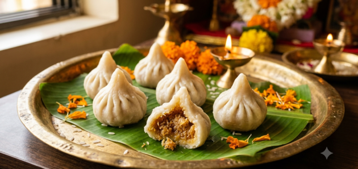 Ganesh Chaturthi modak steamed and pleated, served on a banana leaf with marigolds
