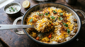 Hyderabadi veg biryani recipe served in a steel handi with saffron rice, fried onions and mint