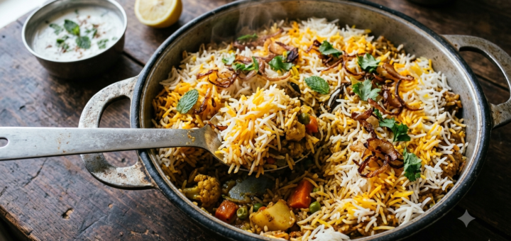 Hyderabadi veg biryani recipe served in a steel handi with saffron rice, fried onions and mint