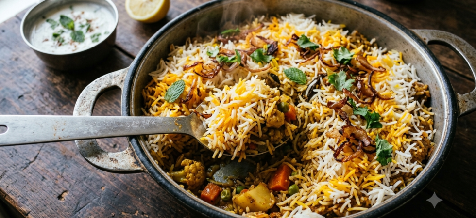 Hyderabadi veg biryani recipe served in a steel handi with saffron rice, fried onions and mint