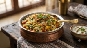 Hyderabadi veg biryani recipe with fluffy basmati rice, vegetables and fried onions