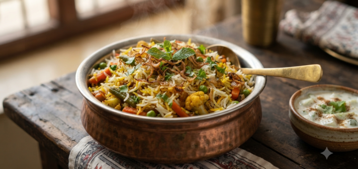 Hyderabadi veg biryani recipe with fluffy basmati rice, vegetables and fried onions