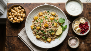 Navratri fasting recipes: sabudana khichdi plate with potato, peanuts, coriander and lemon