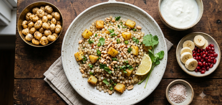 Navratri fasting recipes: sabudana khichdi plate with potato, peanuts, coriander and lemon