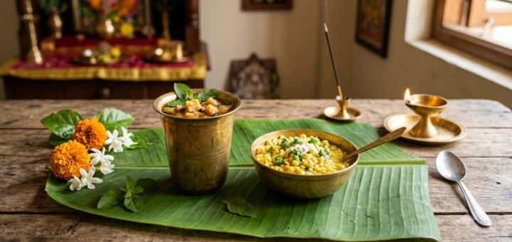 Panakam and vadapappu Sri Rama Navami prasadam with jaggery drink and soaked yellow moong dal