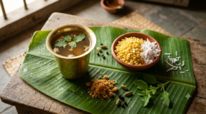 Panakam and vadapappu Sri Rama Navami prasadam: jaggery drink and soaked moong dal on a leaf