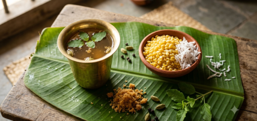Panakam and vadapappu Sri Rama Navami prasadam: jaggery drink and soaked moong dal on a leaf