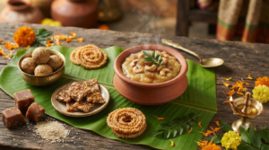 Sankranti special recipes spread with sweet Pongal, til laddu and chikki on a banana leaf