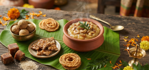 Sankranti special recipes spread with sweet Pongal, til laddu and chikki on a banana leaf