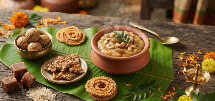 Sankranti special recipes spread with sweet Pongal, til laddu and chikki on a banana leaf